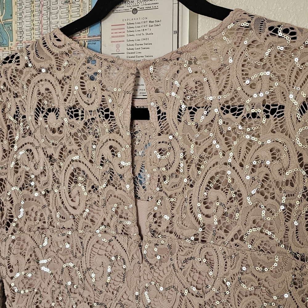 3 for $30! SALE Marina Lace Sequined Illusion Blush Sheath Bell Sleeve Dress - Picture 7 of 13